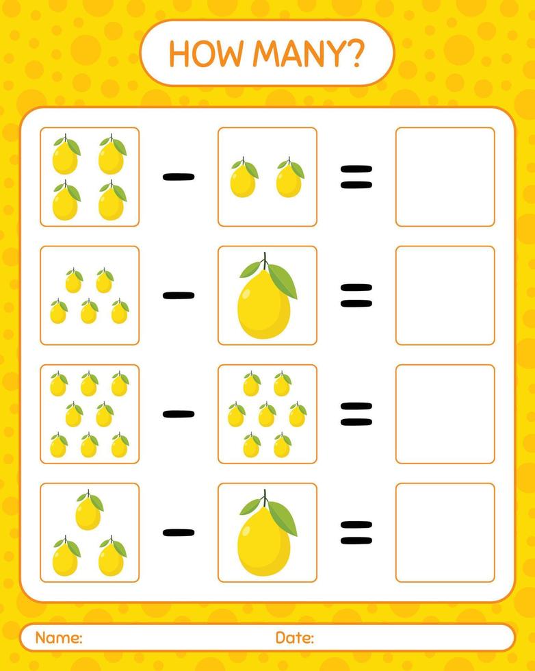 wie viele zählspiel zitrone. arbeitsblatt für vorschulkinder, kinderaktivitätsblatt, druckbares arbeitsblatt vektor