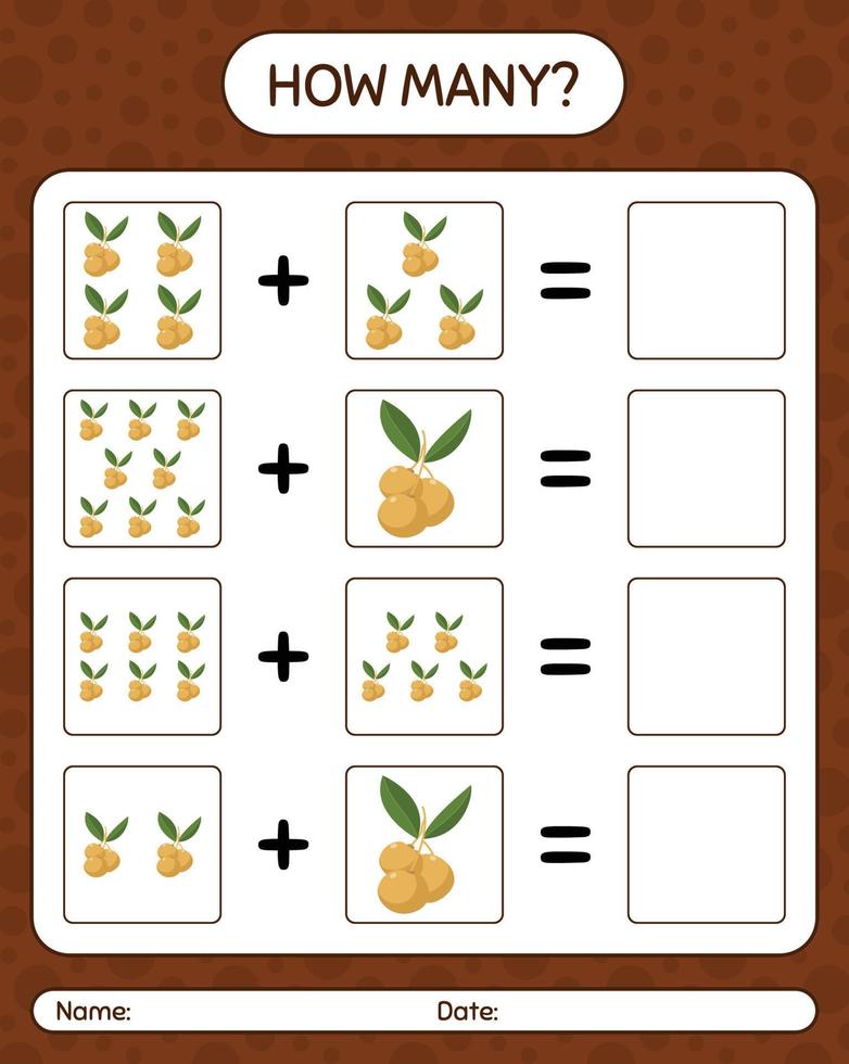 wie viele zählspiel longan. arbeitsblatt für vorschulkinder, kinderaktivitätsblatt, druckbares arbeitsblatt vektor