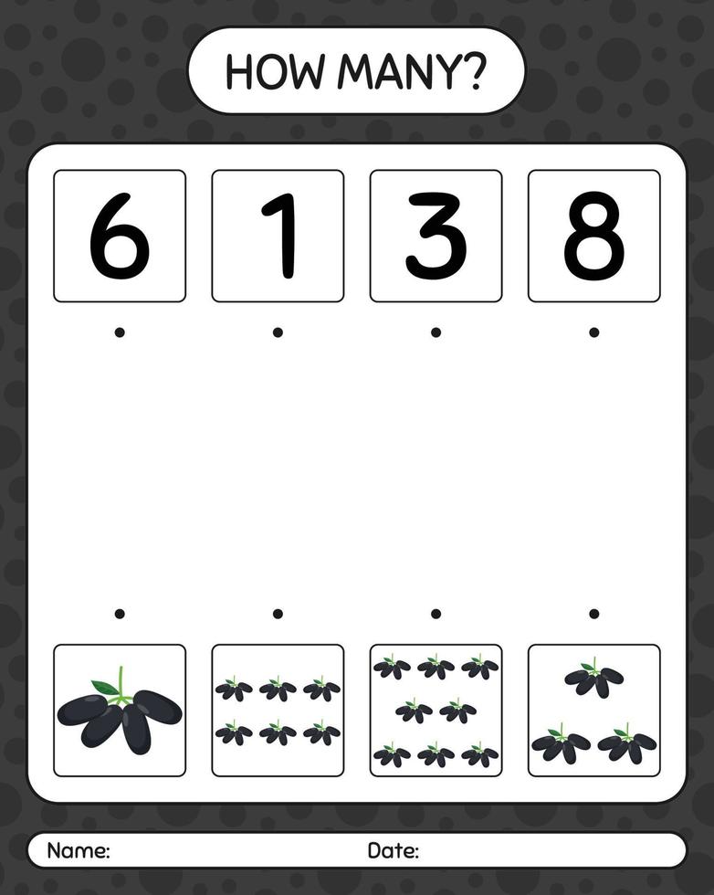 wie viele zählen spiel mit jambolan. arbeitsblatt für vorschulkinder, kinderaktivitätsblatt, druckbares arbeitsblatt vektor