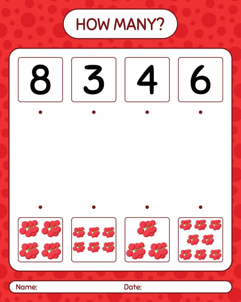 hur många räknar spel med rödbär. kalkylblad för förskolebarn, aktivitetsblad för barn, utskrivbart kalkylblad vektor