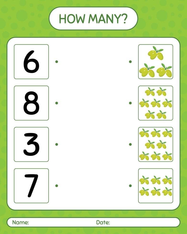 hur många räknar vilt med oliv. kalkylblad för förskolebarn, aktivitetsblad för barn, utskrivbart kalkylblad vektor