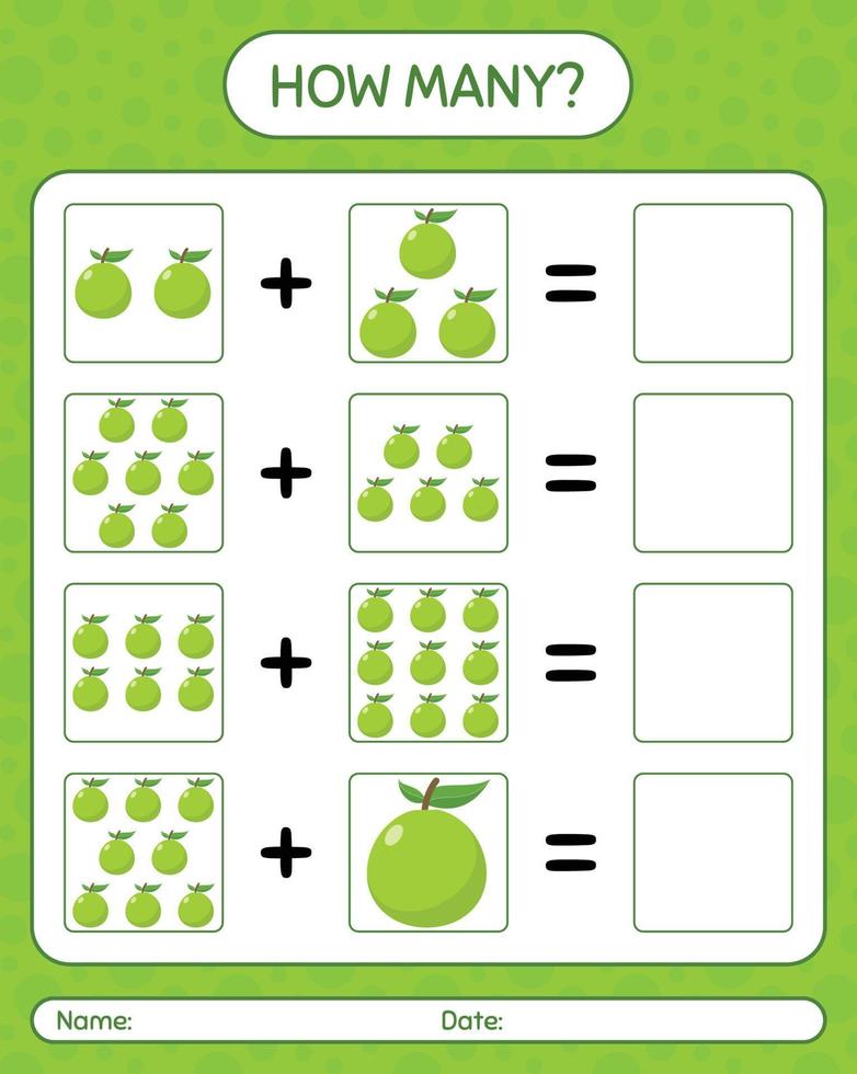 hur många räknar spel med guava. kalkylblad för förskolebarn, aktivitetsblad för barn, utskrivbart kalkylblad vektor