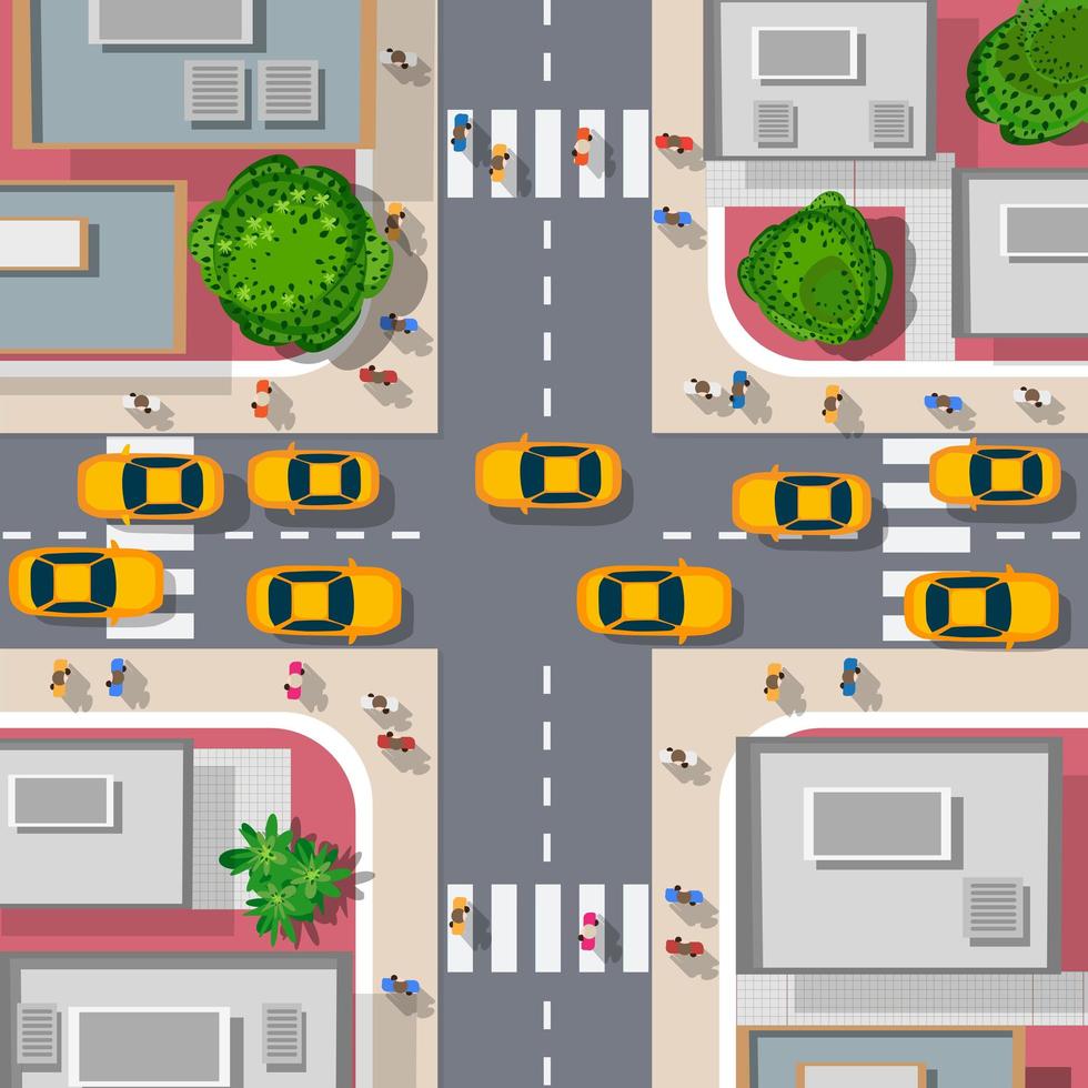 Draufsicht auf die Stadt. städtische Kreuzung mit Taxis und Häusern, Fußgängern vektor