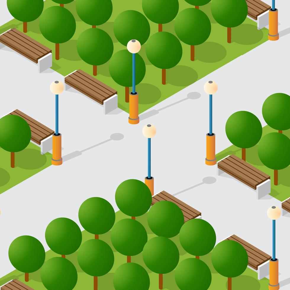 park natur mit bäumen landschaft isometrische stadt mit bänken vektor
