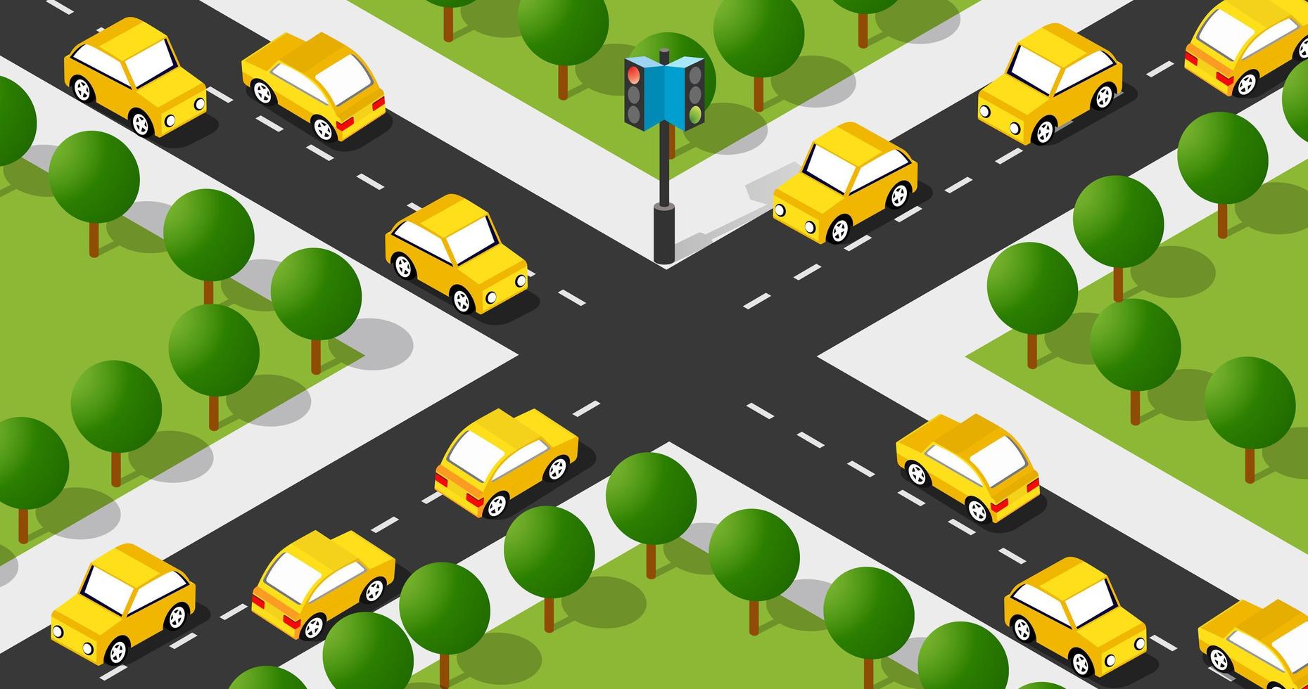 isometrische straßenkreuzung 3d-illustration des stadtviertels mit taxiautos vektor