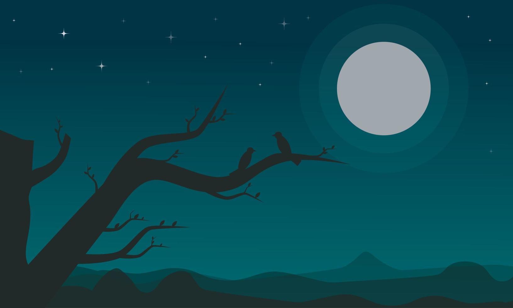 Illustration einer sternenübersäten Mondnachtszene und eines Vogelpaares auf einem Baum vektor