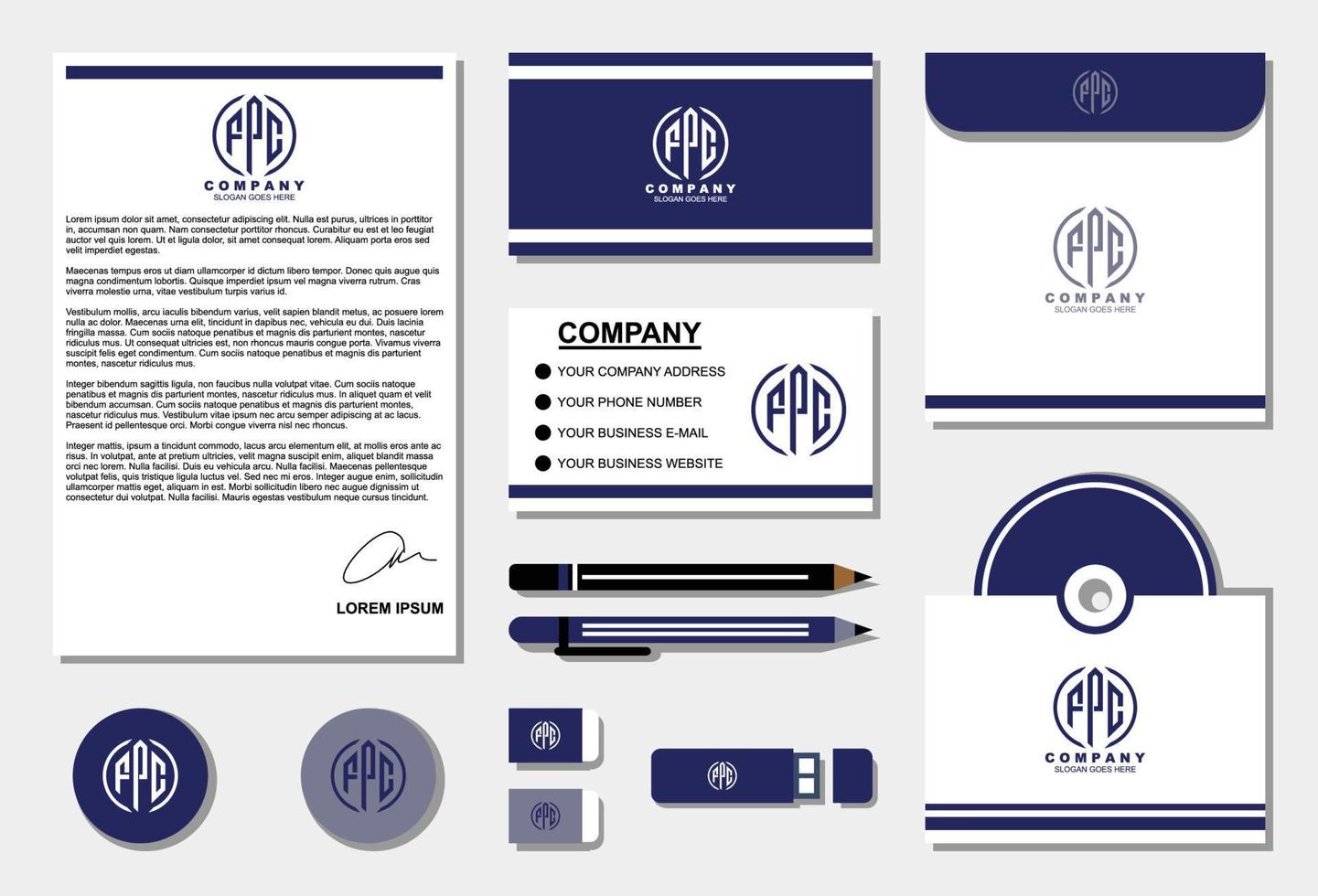 Brief-fpc-Monogramm-Logo-Design mit Briefpapier-Vorlage vektor