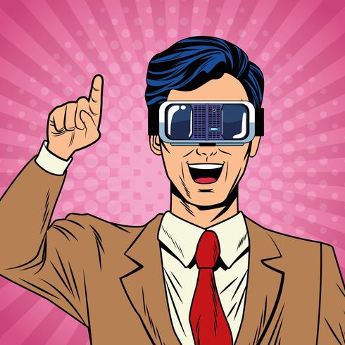 Pop-Art-Karikatur der virtuellen Realität des Geschäftsmannes vektor