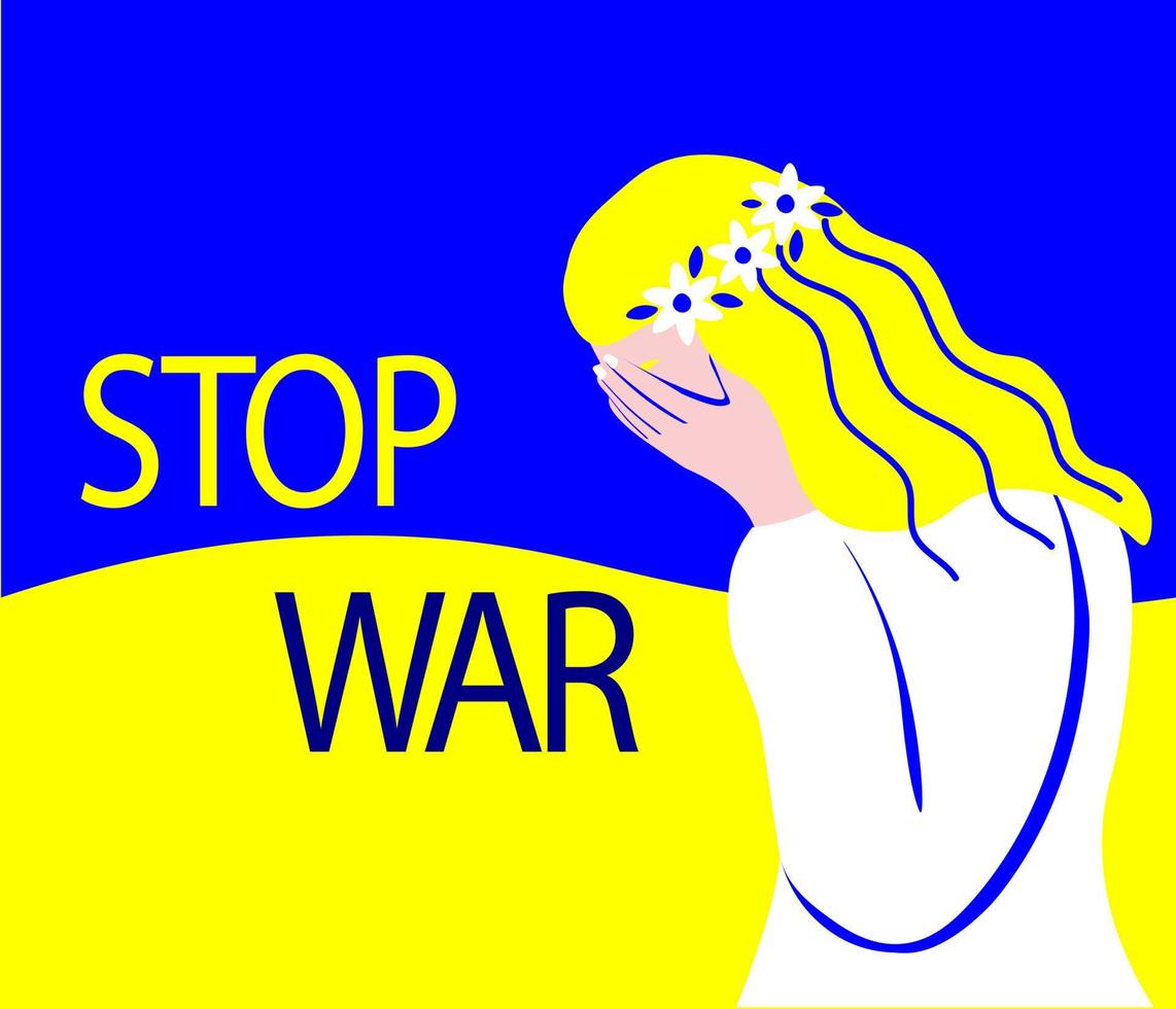 en ukrainsk tjej i profil täckte hennes ansikte med händerna och grät mot bakgrunden av en blågul flagga. begreppet aggression, kompensation, krig. vektorgrafik. vektor