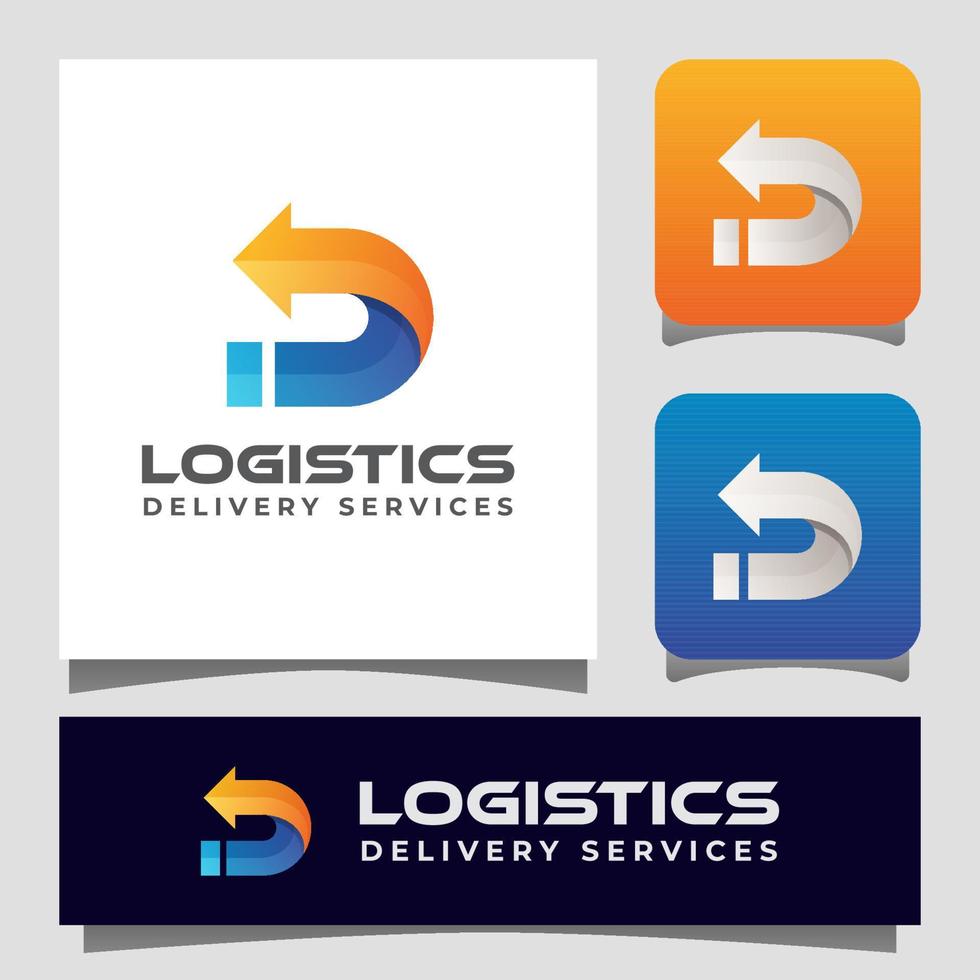 logistikleverans med bokstaven d med pillogotyp för ditt företag. snabb leverans logotyp. transport logistisk logotyp mall vektor
