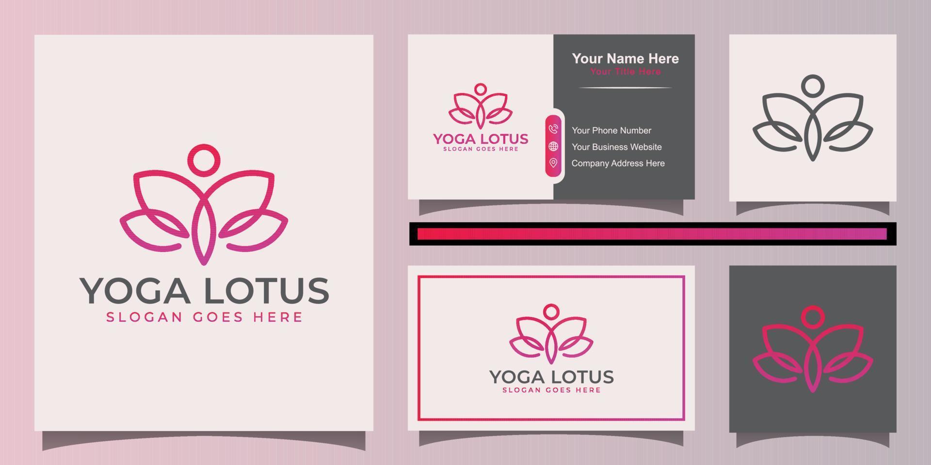 Meditationszentrum-Logo. yoga-pose mit lotusblumenlogo und visitenkartendesign vektor