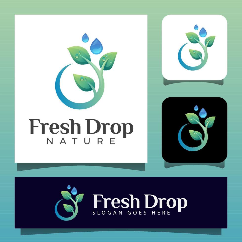 Naturblatt und Tropfenwasser reines Logo. olivenöltröpfchen und äste, symbole für schönheits-, pflege- und spa-produkte vektor