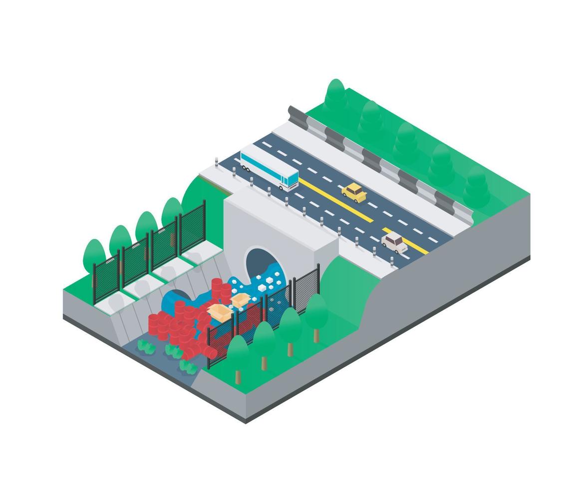 isometrisk stil illustration om sopor staplade upp i en flod som blockerar flödet av vatten vektor