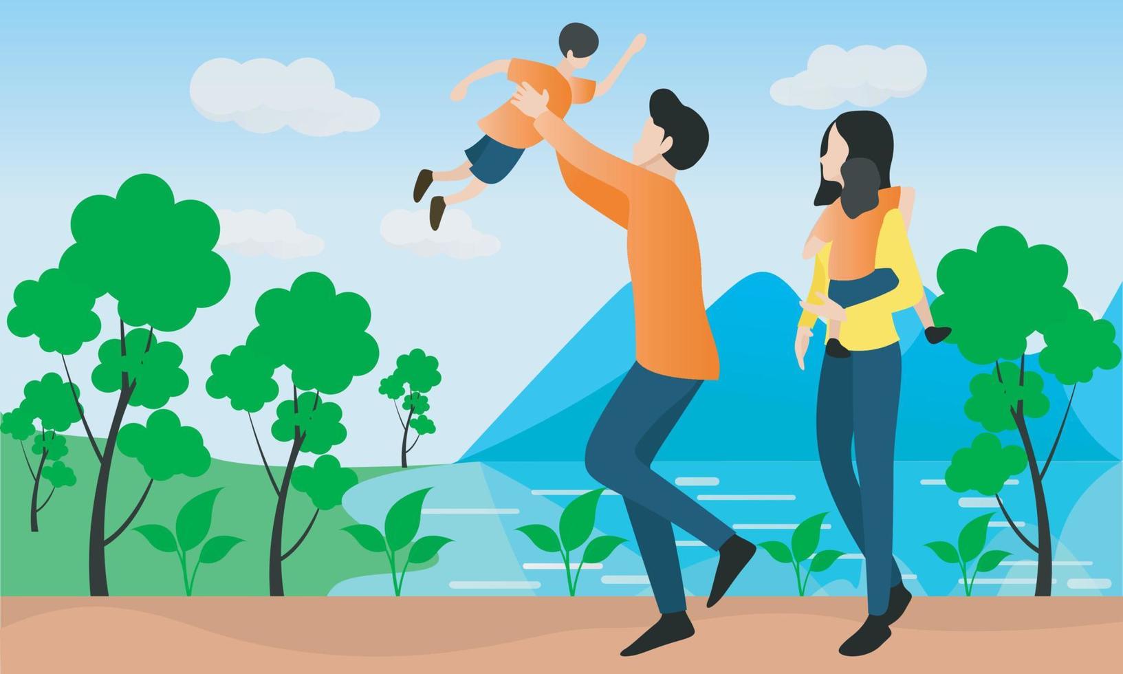 Flache Illustration von Vater und Mutter, die ihre Kinder halten und glücklich aussehen vektor