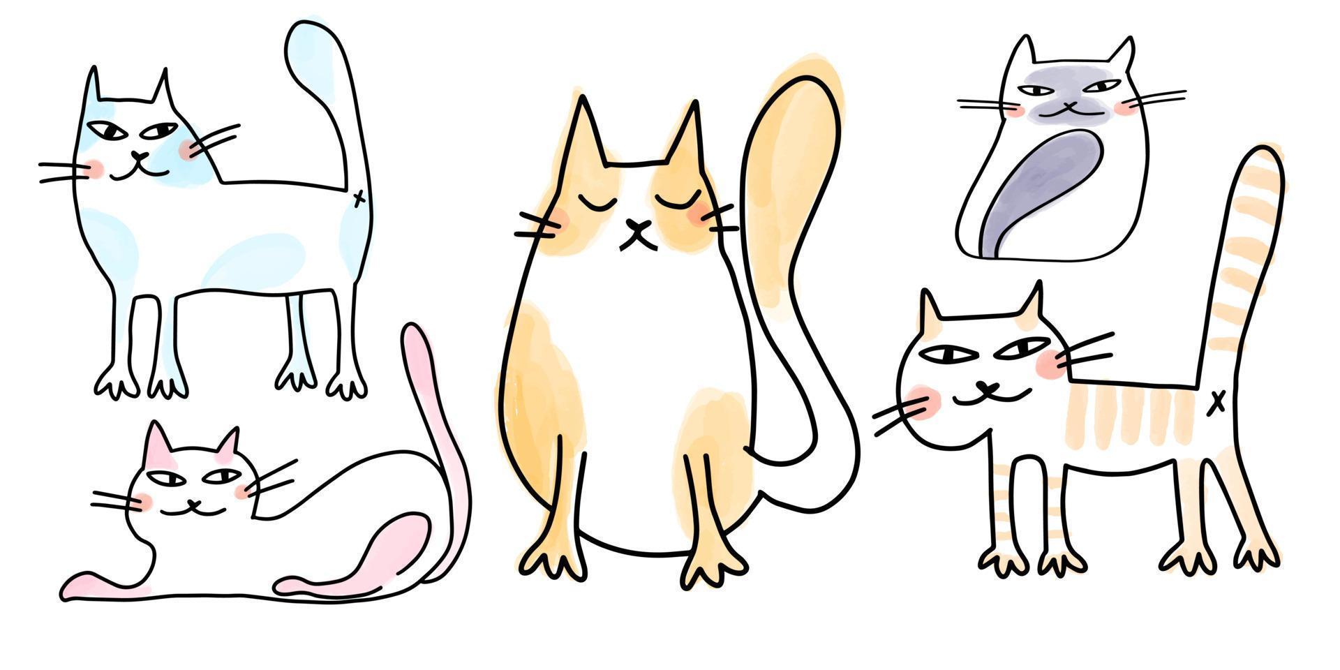 samling av roliga doodle katter med akvarell fläckar på bakgrunden i tecknad stil. vektor