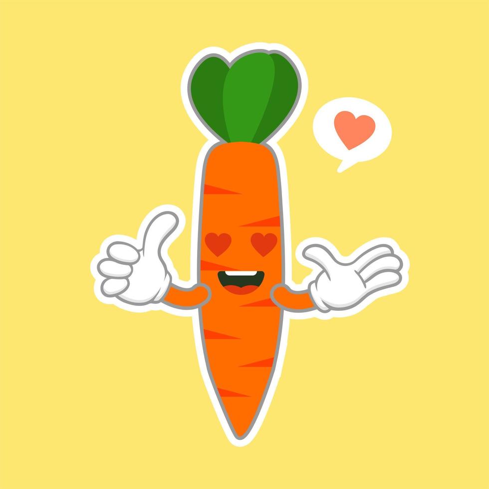 süße und kawaii illustration der lustigen karottenzeichentrickfigur, veganes konzept, karottenliebe. lebensmittel- und gemüsekonzept. orange karotten-logo-symbol vektor