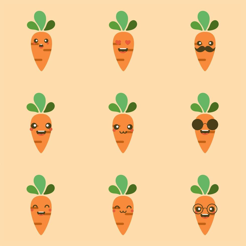 söt och kawaii morot seriefigur. vektor isolerad bild av en morot, hälsosam grönsak, växt, toppar, rot. söt ansiktsmaskot. bild för affisch, vykort, tygtryck, barnkläder