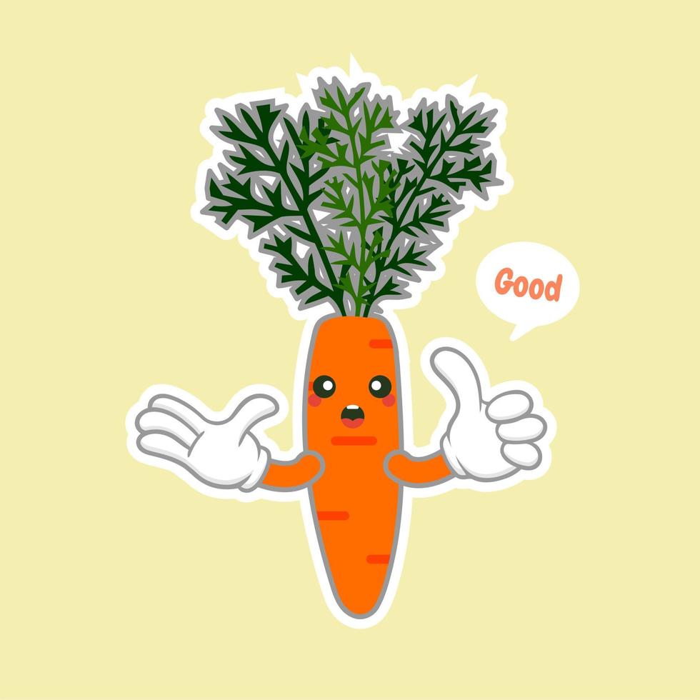 Karotten-Cartoon-Figur isoliert auf farbigem Hintergrund. Maskottchen-Vektorillustration des gesunden Lebensmittels lustige im flachen Design. lebensmittel-, vegan-, vegetarisch- und gemüsekonzept. orangefarbenes karotten-logo-symbol vektor