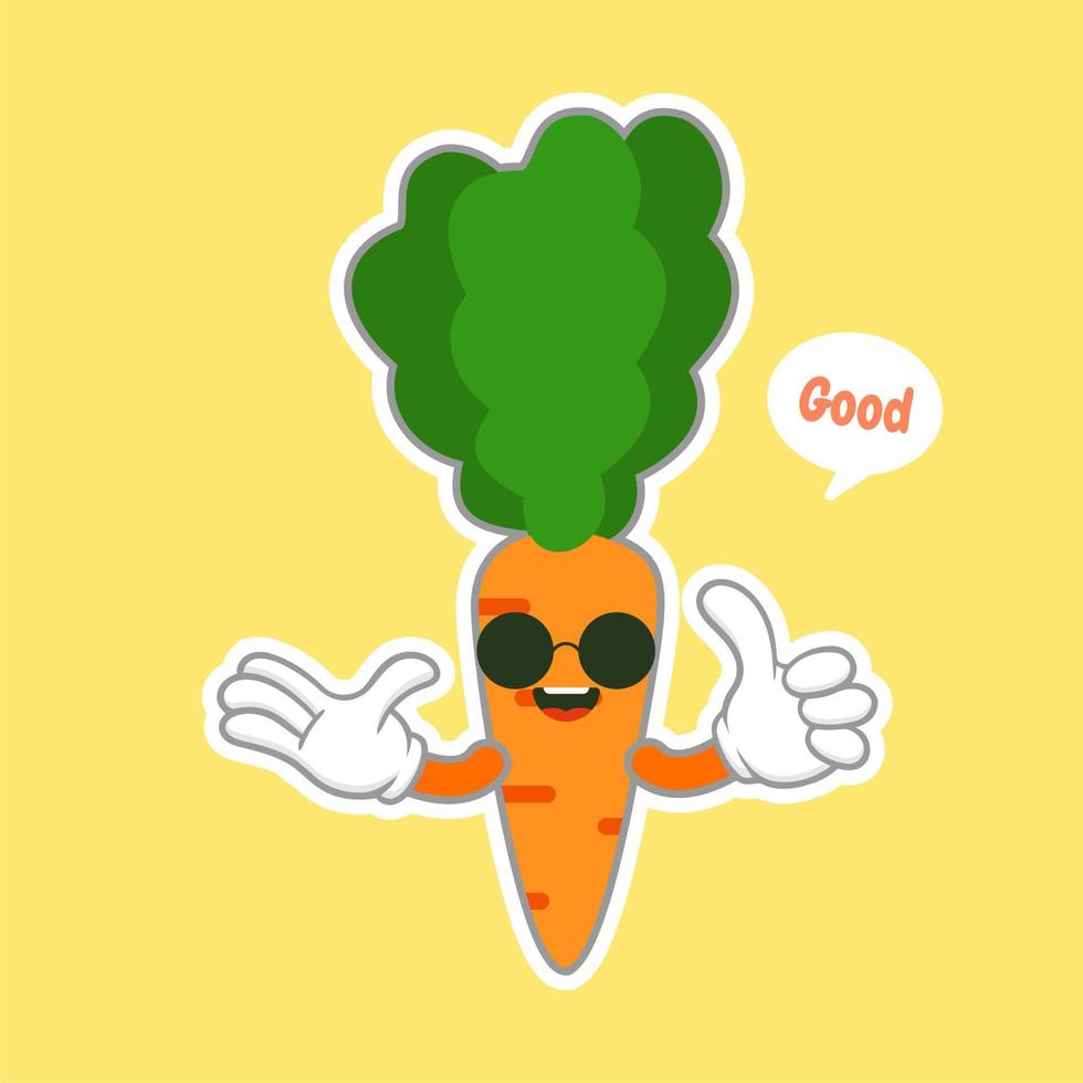 Kawaii und niedlicher Karotten-Emoji-Charakter isoliert auf farbigem Hintergrund. kawaii stil frischer lustiger orange karotten- und sprechblasenslogan. Cartoon-Lebensmittel-Emoticon mit flachem Design. süßer stilvoller Charakteraufkleber vektor
