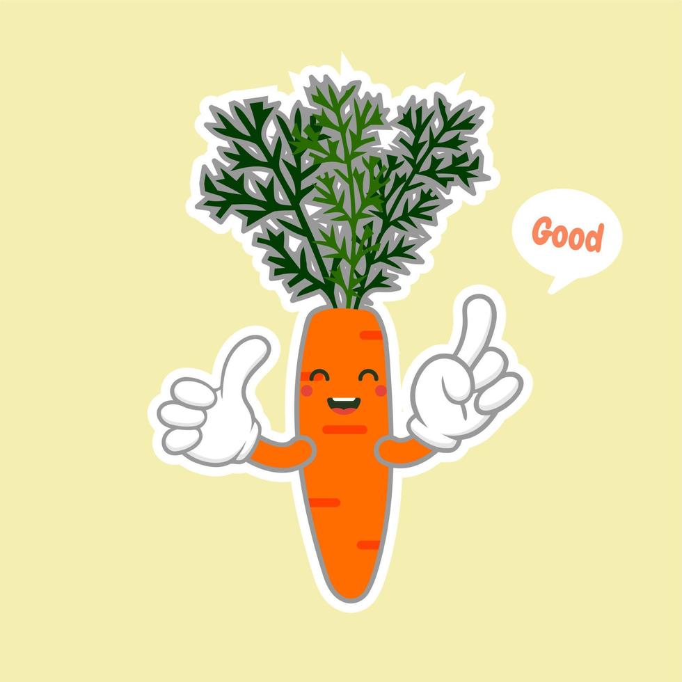 Karotten-Cartoon-Figur isoliert auf farbigem Hintergrund. Maskottchen-Vektorillustration des gesunden Lebensmittels lustige im flachen Design. lebensmittel-, vegan-, vegetarisch- und gemüsekonzept. orangefarbenes karotten-logo-symbol vektor