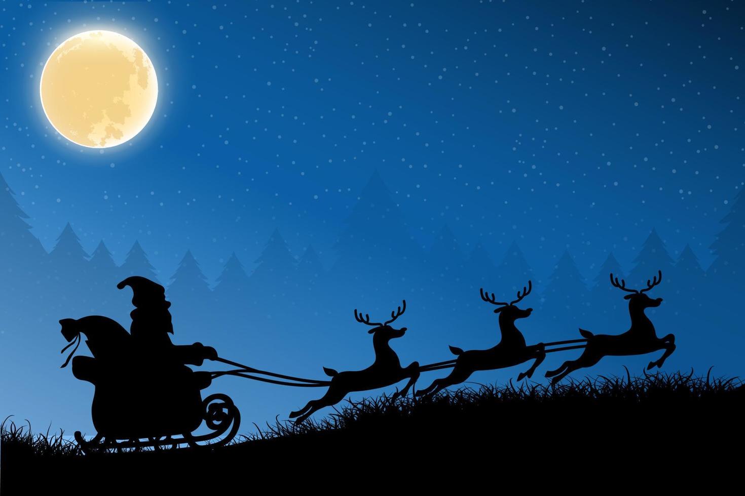 Jultomten rider rådjur design med månsken i bakgrunden. natt jul med jultomten och rådjur siluett. jultomten bakgrund vektor