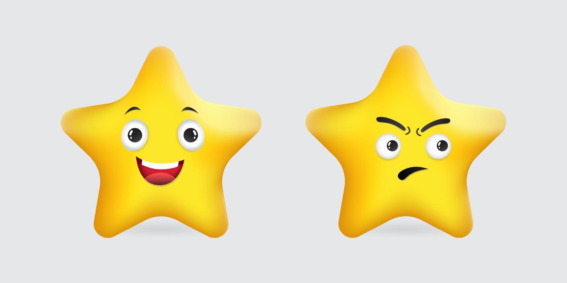 samling av stjärna tecknad design. realistisk 3d stjärna tecknad design ikon koncept. glad och arg stjärna tecknad. vektor