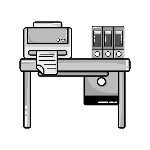 gråskala kontor trä skrivbord med skrivare och böcker vektor