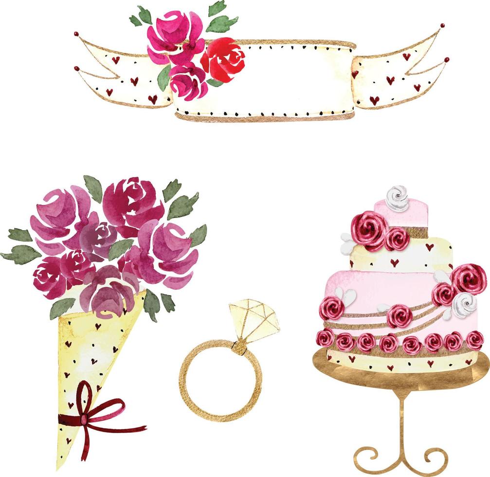 hochzeit aquarell set banner, kuchen, ring und blumenstrauß. vektor