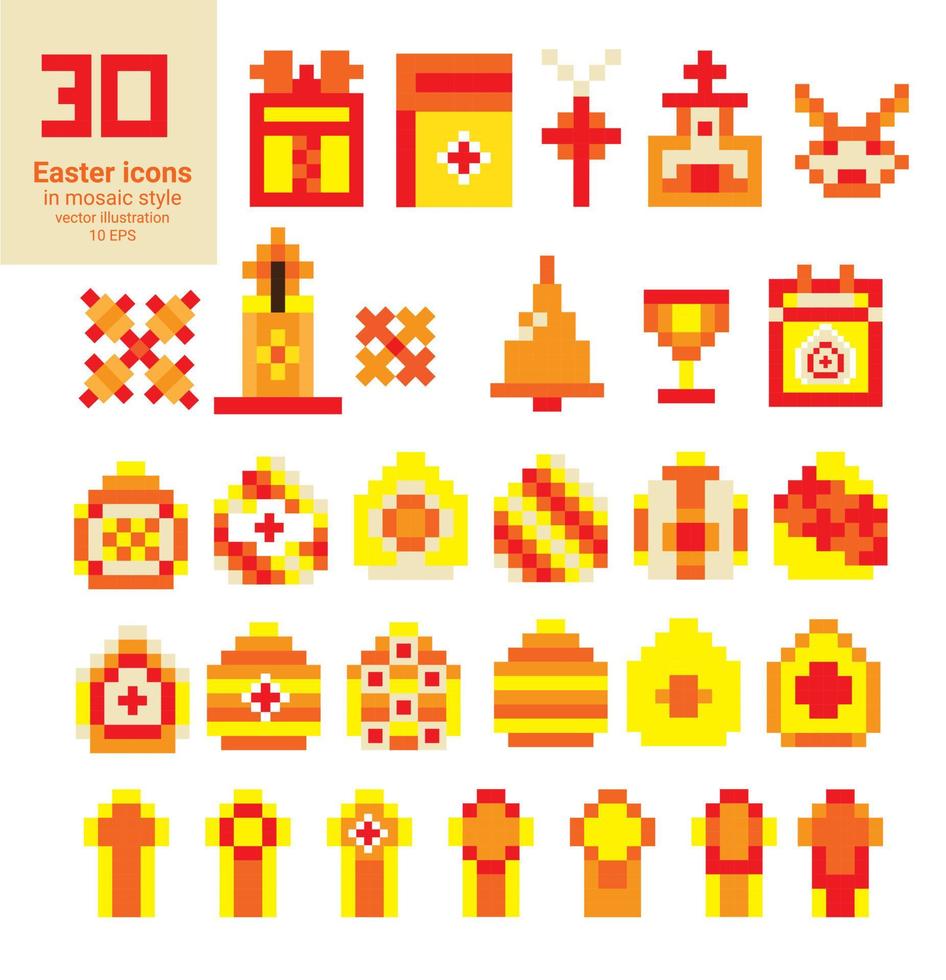 eine Reihe von Pixel-Osterelementen, Symbolen. bunte Eier von Hühnern und Kerze, Kreuze, Glocke, Kirche isoliert auf weißem Hintergrund. vektor