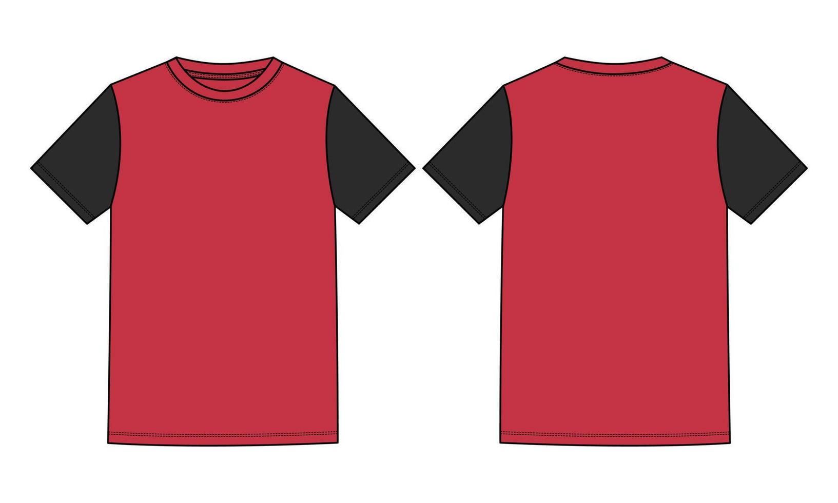 zweifarbig rot, schwarz, normale Passform, kurze Ärmel, Basic-T-Shirt, technische Mode, flache Skizze, Vektorgrafik-Vorlage, Vorder- und Rückansicht. bekleidungsdesign mock up zeichnungsillustration. vektor