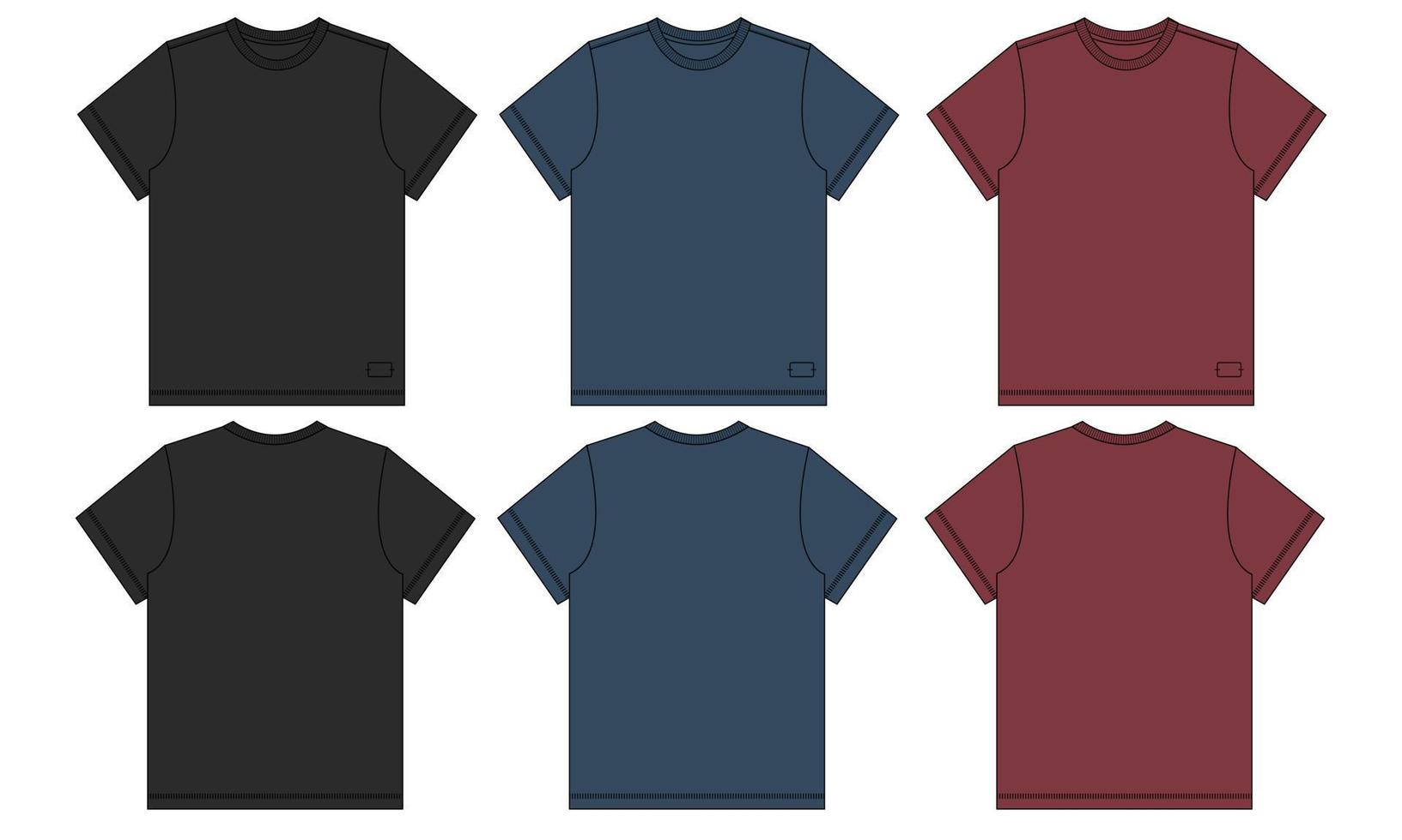 schwarze marineblaue und rote farbe kurzarm basic t-shirt insgesamt technische mode flache skizze vektor illustration vorlage vorder- und rückansichten. Bekleidungsmodell für Männer und Jungen.
