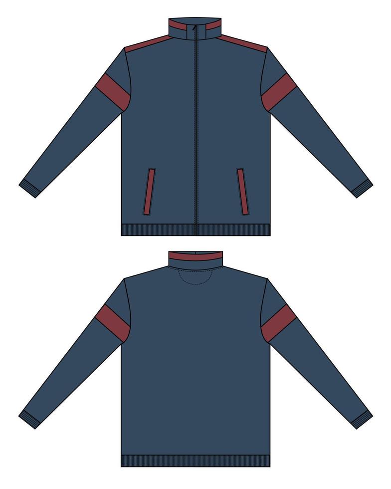 Langarm mit Reißverschluss Jacke insgesamt technische Mode flache Skizze Vektor Illustration Vorlage Vorder-, Rückansichten. bekleidung pullover marineblau farbe jacke mock-up cad. einfach zu bearbeiten und anpassbar.