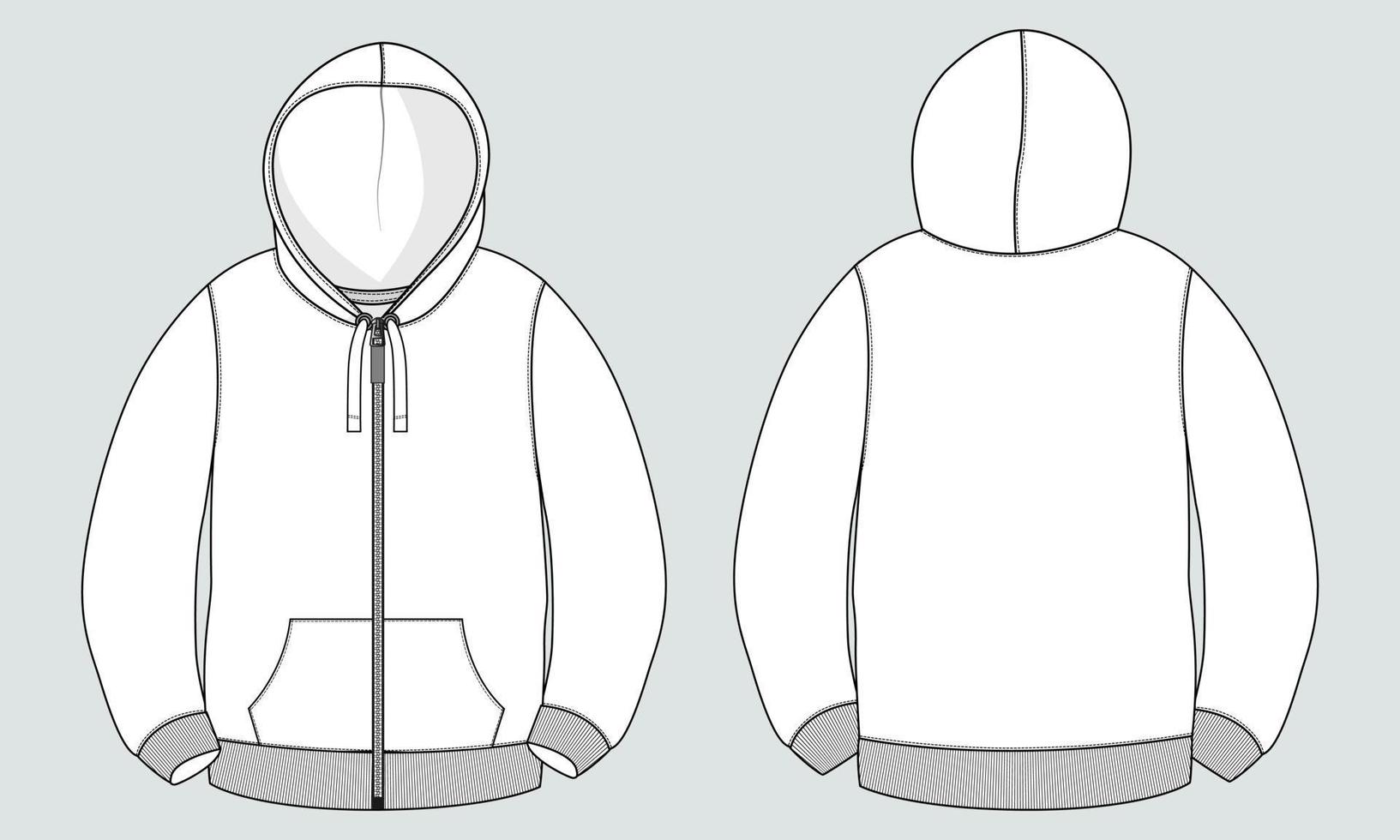 Langarm-Hoodie mit Reißverschluss technische Modezeichnung Skizzenvorlage Vorder- und Rückansicht. Kleidung Kleid Design Vektor Illustration Mock-up Jacke Cad. einfach zu bearbeiten und anpassbar.