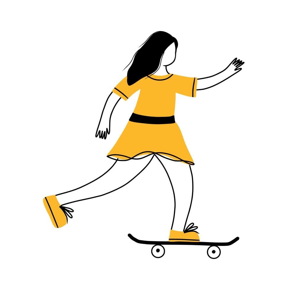 ung kvinna rider en skateboard vektorillustration. doodle stil. flickan åker skateboard och gör tricks på en lång bräda. aktiv livsstil, extrem sport koncept. vektor