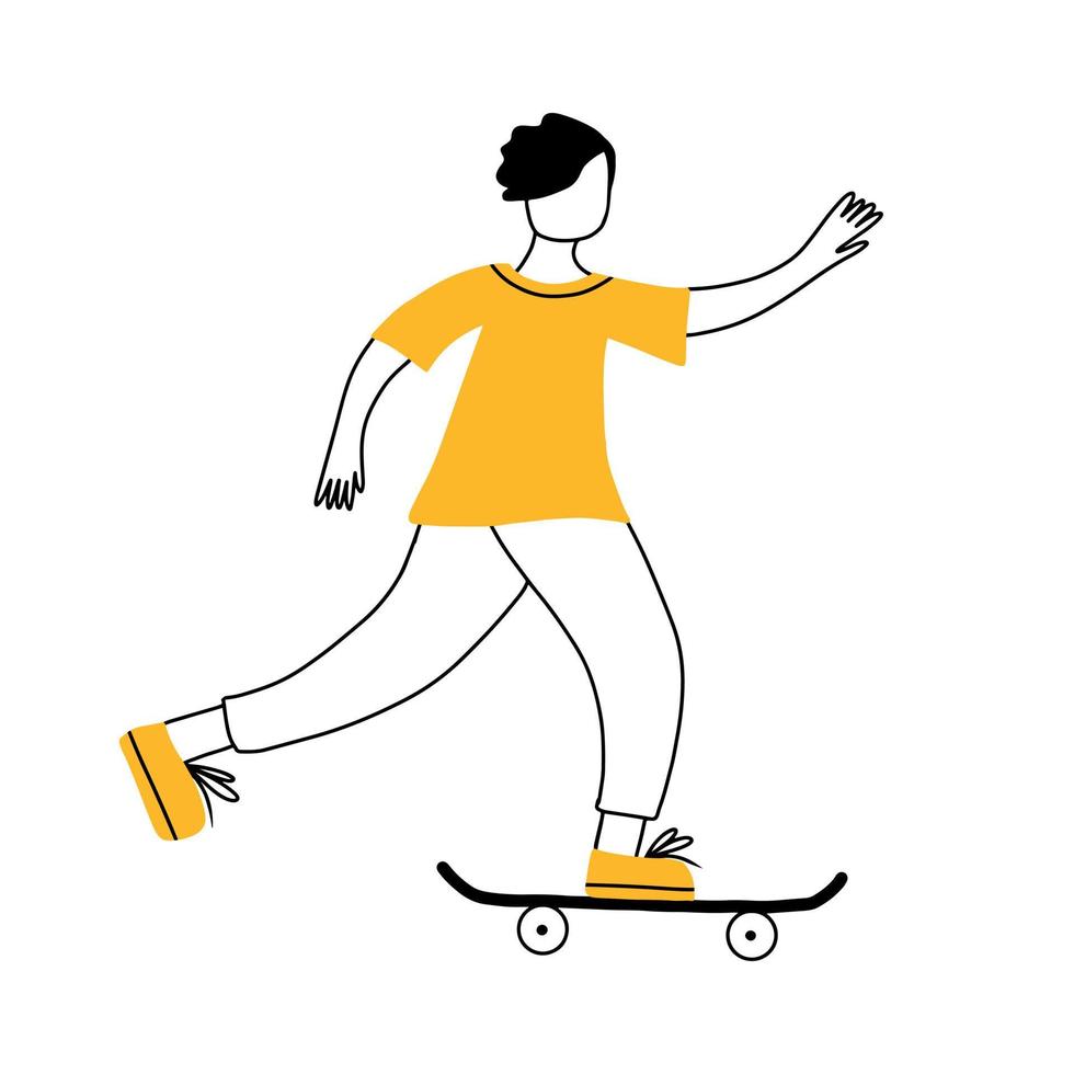 junger mann, der eine skateboardvektorillustration reitet. Doodle-Stil. Der Junge fährt Skateboard und macht Tricks auf einem langen Brett. aktiver lebensstil, extremsportkonzept. vektor