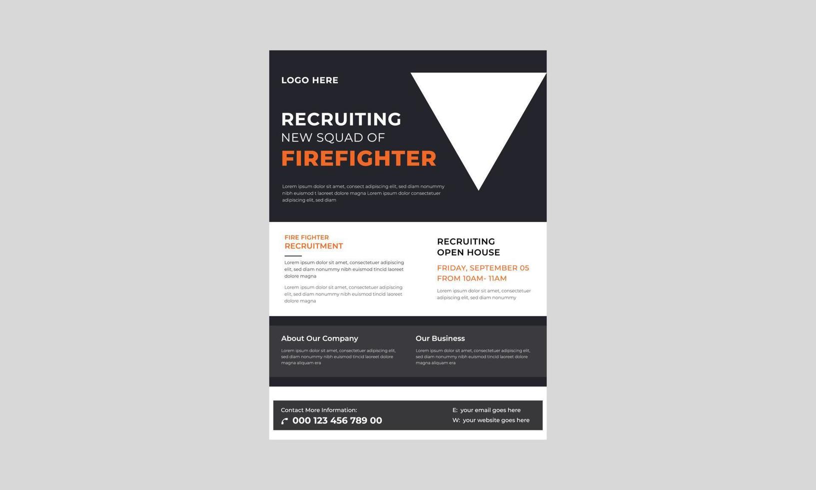 Flyer-Vorlage für die Rekrutierung von Feuerwehrleuten, Design von Brandschutzbannern, Plakatvorlage für professionelle Feuerwehrleute zur Rettung und zum Schutz der Feuerwehr. vektor