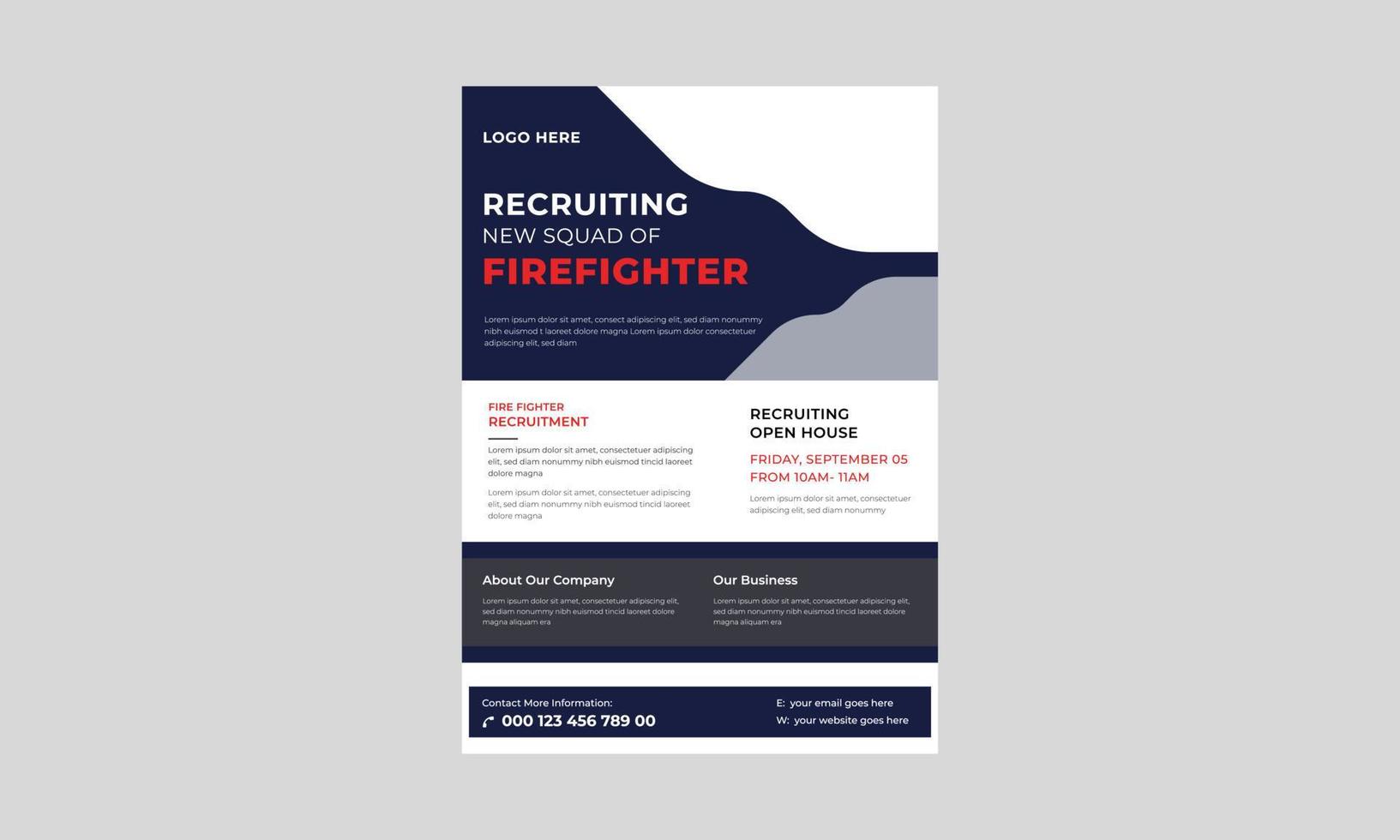 Flyer-Vorlage für die Rekrutierung von Feuerwehrleuten, Design von Brandschutzbannern, Plakatvorlage für professionelle Feuerwehrleute zur Rettung und zum Schutz der Feuerwehr. vektor