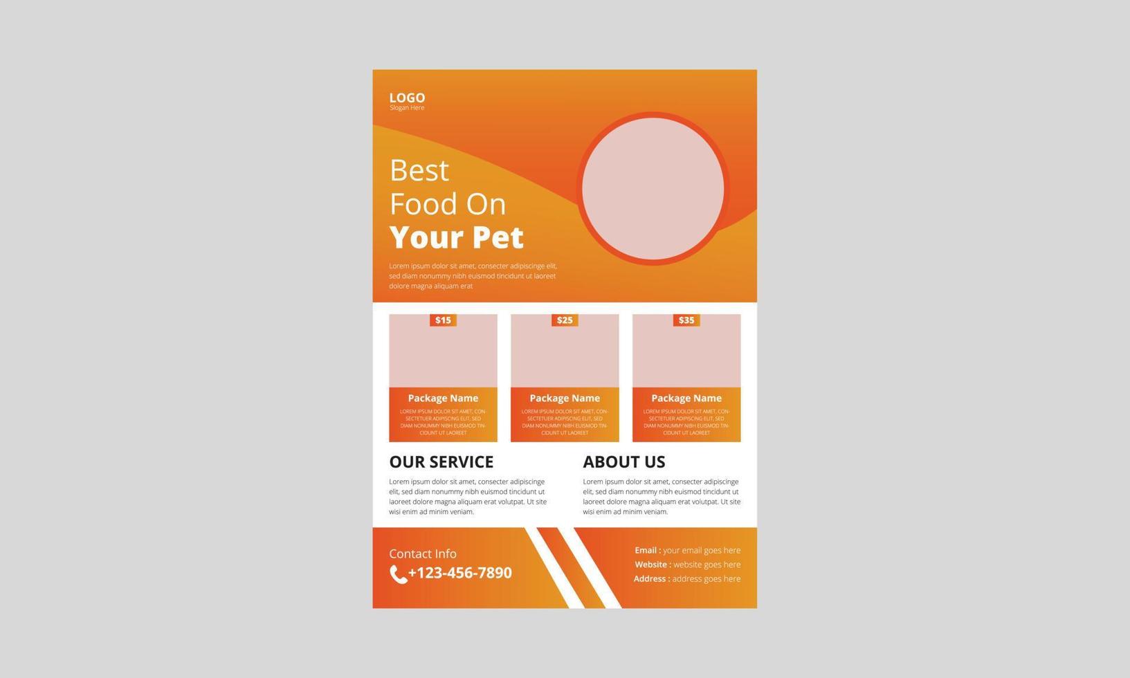 djurfoder flygblad malldesign. sällskapsdjur vård flygblad broschyr design. bästa vård för ditt husdjur affisch, omslag, A4-storlek, flygbladsdesign vektor