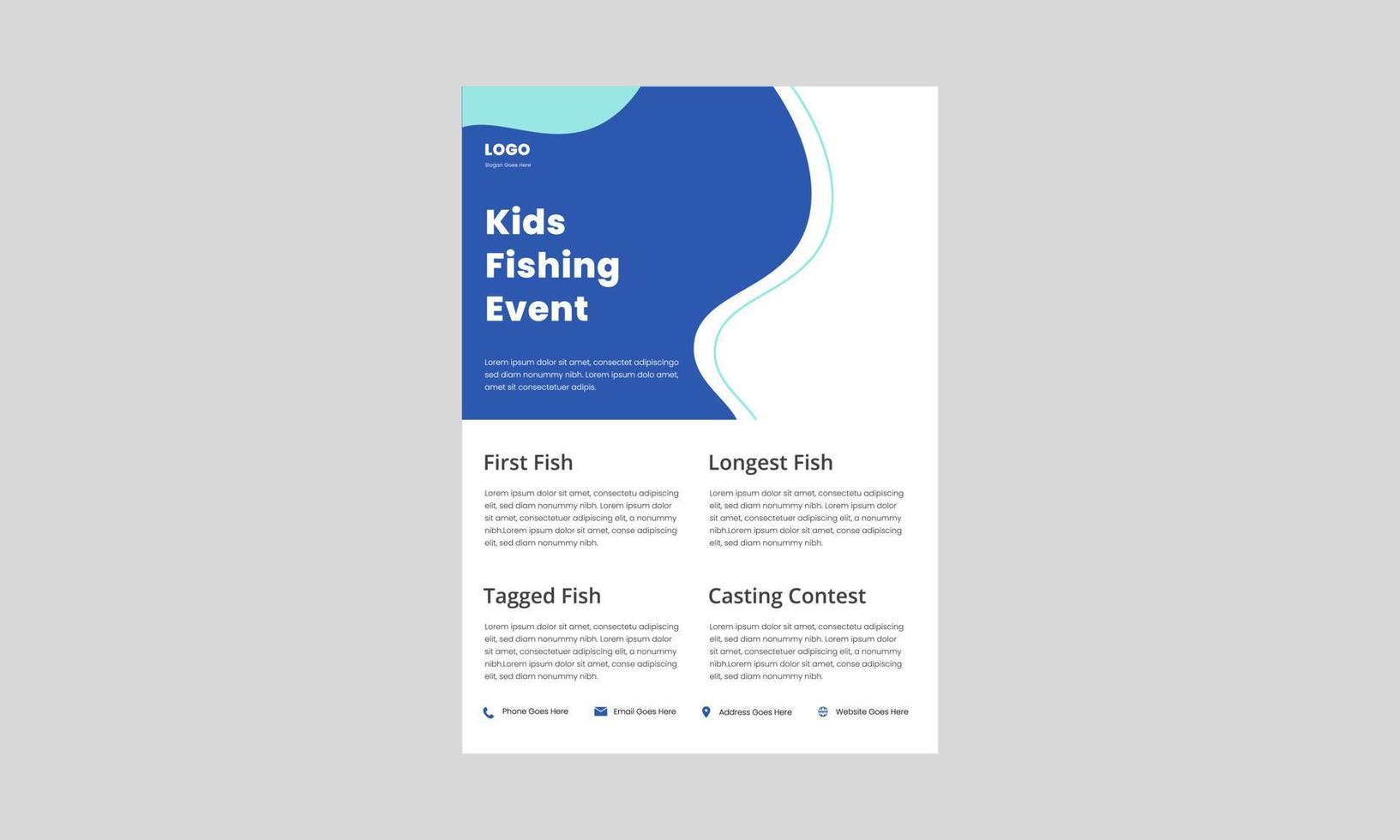 barn fiske derby flyer mall. barn fiske turnering affisch broschyr. fiskeevenemang design tryck redo. vektor