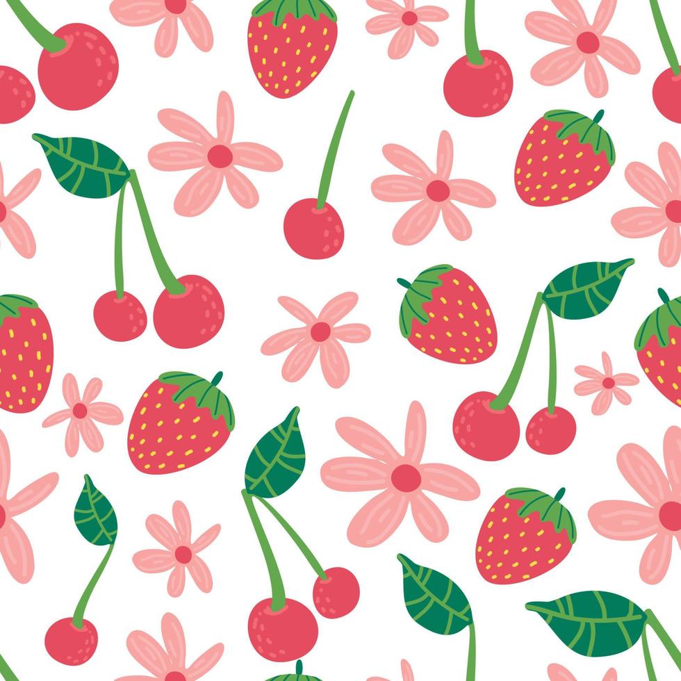 jordgubbar blommor körsbär sömlös vektor mönster. upprepande bakgrund med sommarfrukt. Använd för tyg, presentförpackning, förpackning.
