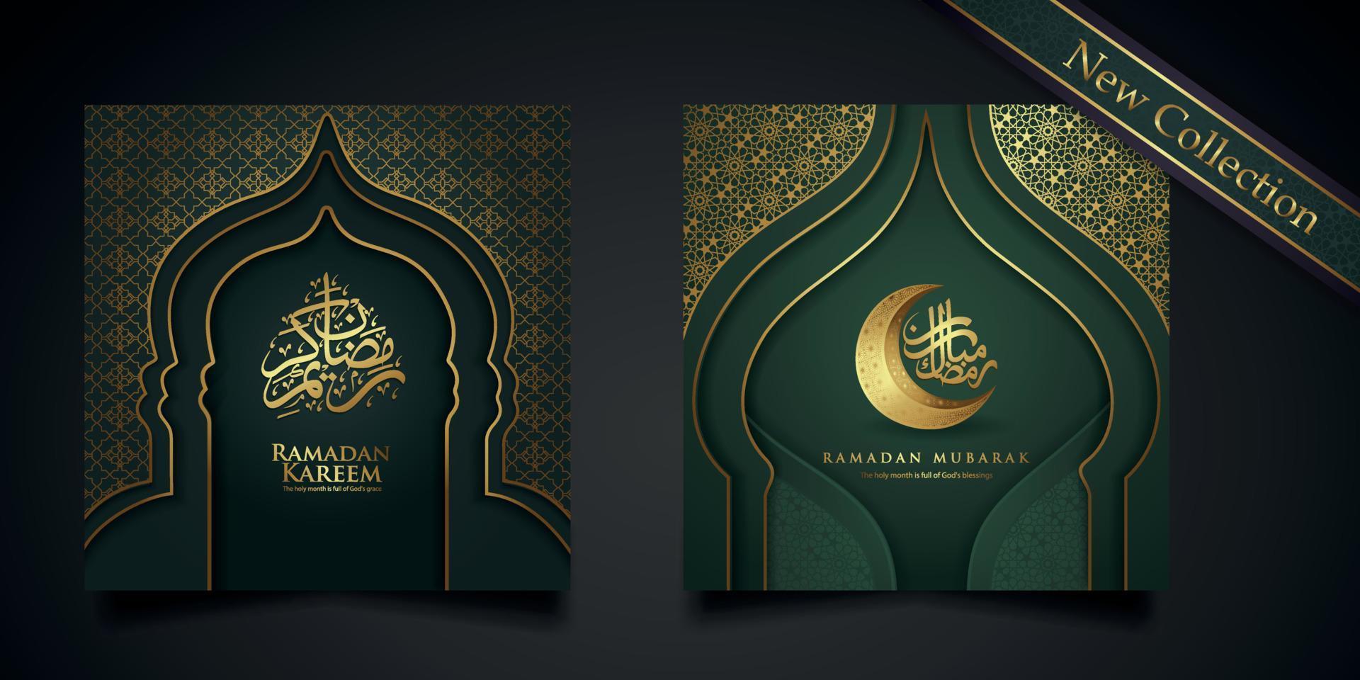 ramadan hintergrund islamisches grußdesign mit moscheentür mit blumenverzierung und arabischer kalligrafie vektor