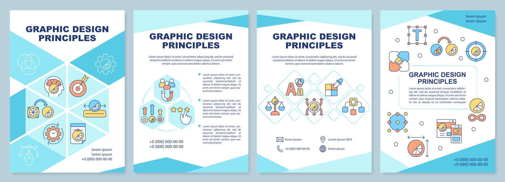 grafikdesignprinzipien blaue broschürenvorlage. Content-Produktion. Broschürendesign mit linearen Symbolen. 4 Vektorlayouts für Präsentationen, Jahresberichte. arial-schwarz, unzählige Pro-Regular-Schriftarten verwendet vektor