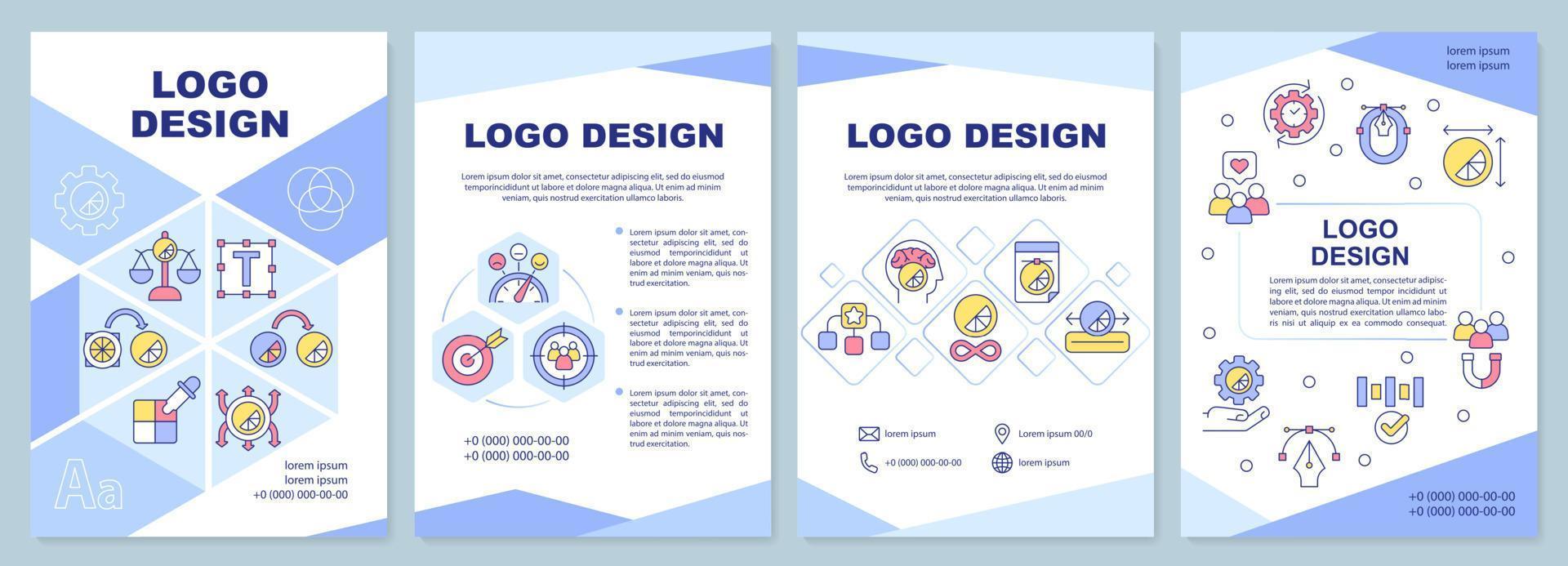 Logo-Design blaue Broschüre Vorlage. Erstellen von Unternehmensmarken. Broschürendesign mit linearen Symbolen. 4 Vektorlayouts für Präsentationen, Jahresberichte. arial-schwarz, unzählige Pro-Regular-Schriftarten verwendet vektor