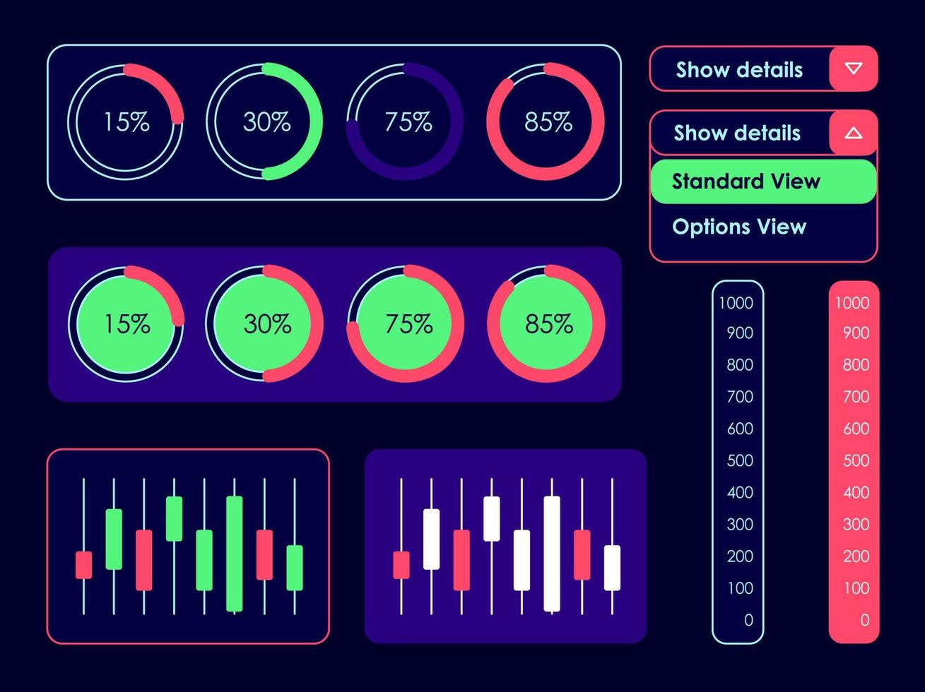 Investitionsanalyse-UI-Elemente-Kit. Kauf und Verkauf isolierter Vektor-Dashboard-Komponenten. vorlage für flache schnittstellenschaltflächen. Webdesign-Widget-Sammlung für mobile Anwendungen mit dunklem Thema vektor