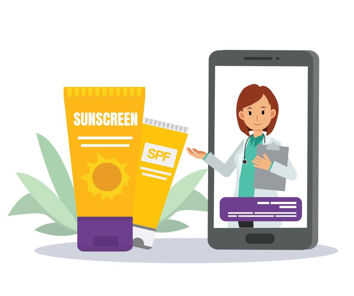 medicinsk hudvård koncept .online konsultation medicine.dermatologist kvinnlig läkare på telefonskärmen rekommenderar solskyddsmedel, solskyddsmedel. hudskydd. internet telemedicin vektor