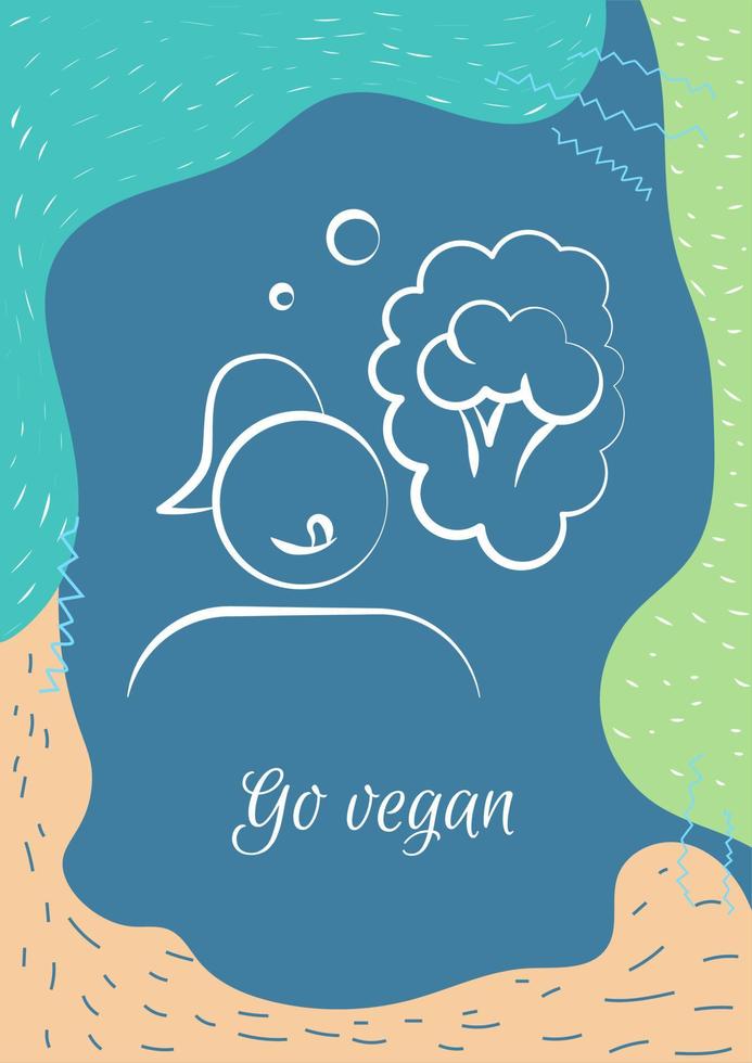 Vegane Postkarte mit linearem Glyphen-Symbol. Verzicht auf tierische Produkte. Grußkarte mit dekorativem Vektordesign. Poster im einfachen Stil mit kreativer Lineart-Illustration. Flyer mit Urlaubswunsch vektor