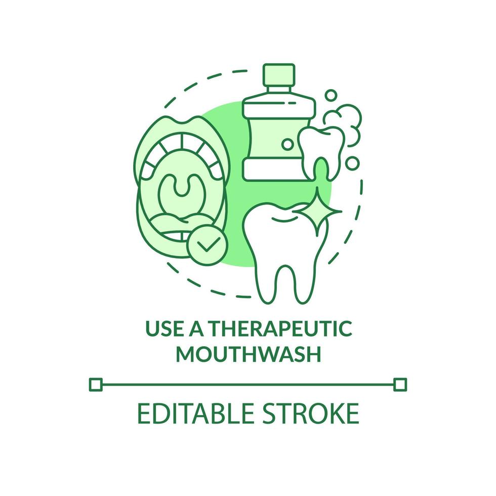 Verwenden Sie das Symbol für das grüne Konzept des therapeutischen Mundwassers. Plaque-Entfernung abstrakte Idee dünne Linie Illustration. isolierte Umrisszeichnung. editierbarer Strich. Arial, unzählige pro-fette Schriftarten verwendet vektor