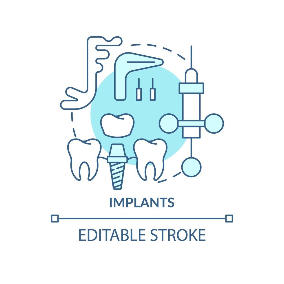 implantiert türkisfarbenes Konzeptsymbol. kosmetische verbesserung abstrakte idee dünne linie illustration. Zahnimplantatchirurgie. isolierte Umrisszeichnung. editierbarer Strich. Arial, unzählige pro-fette Schriftarten verwendet vektor