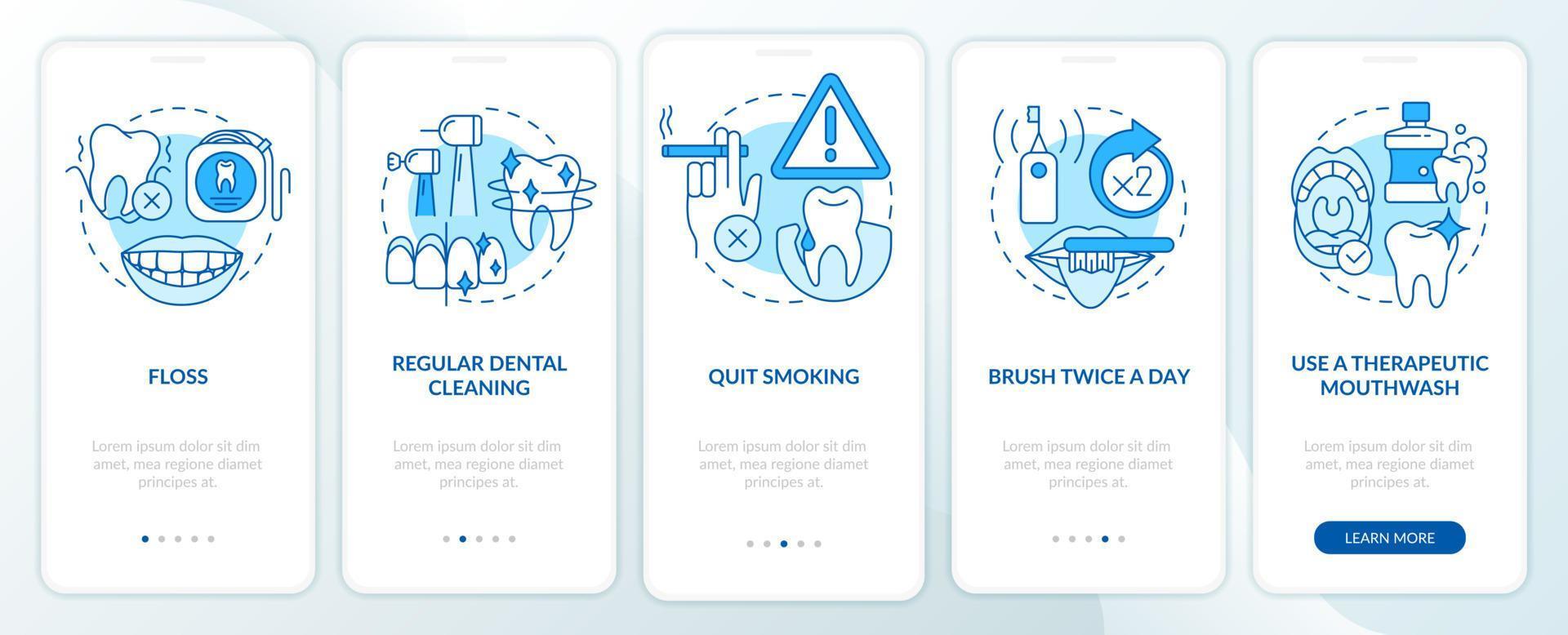 periodontal sjukdom förebyggande blå onboarding mobilappskärm. genomgång 5 steg grafiska instruktioner sidor med linjära koncept. ui, ux, gui mall. otaliga pro-fet, vanliga typsnitt som används vektor