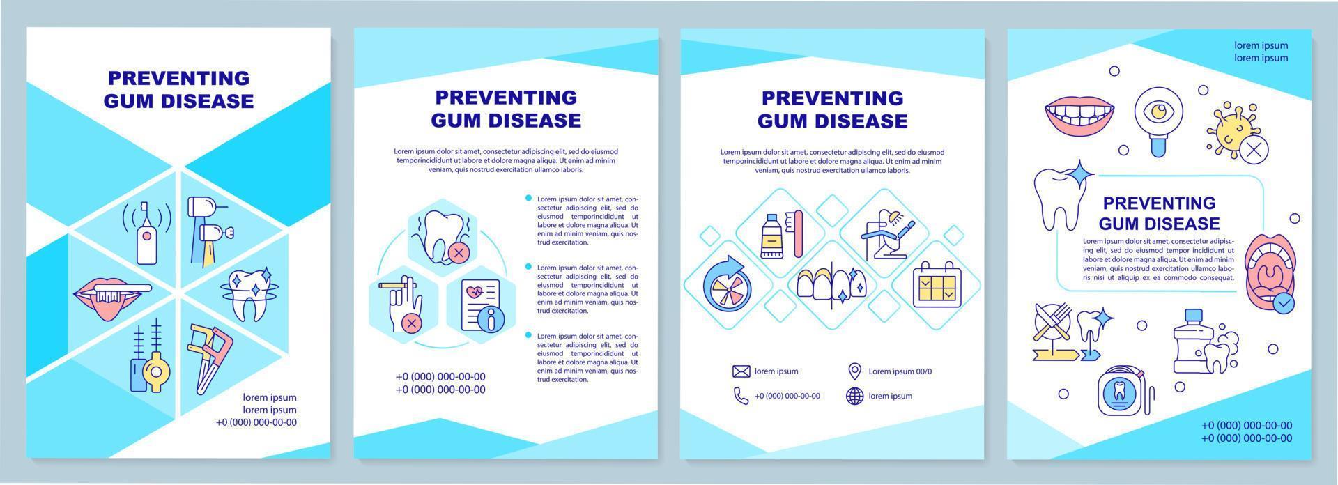 türkisfarbene broschürenvorlage zur vorbeugung von zahnfleischerkrankungen. gute Gewohnheiten. Broschürendesign mit linearen Symbolen. 4 Vektorlayouts für Präsentationen, Jahresberichte. arial-schwarz, unzählige Pro-Regular-Schriftarten verwendet vektor